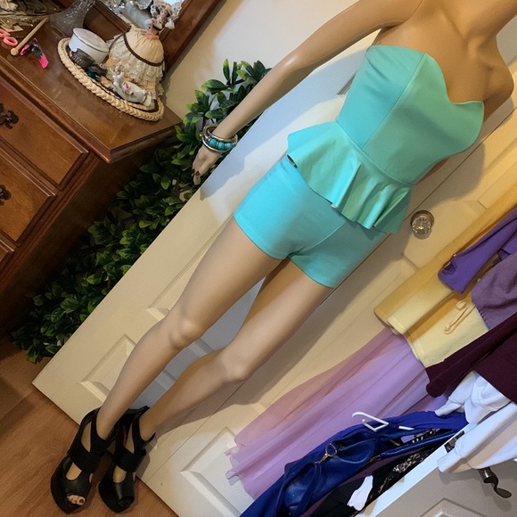 Turquoise strapless bustier leather peplum shorts romper playsuit jumpsuit S - Picture 15 of 15
